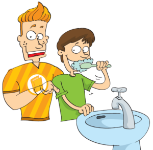 meninos escovando os dentes